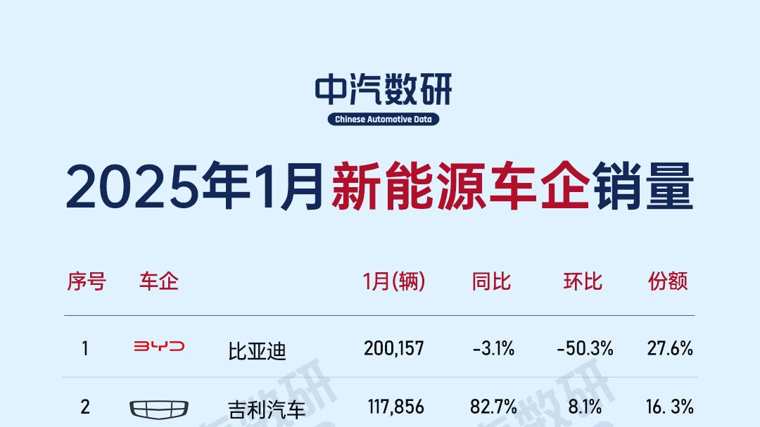 2025年1月新能源车企及车型销量榜（纯电/插混/增程）