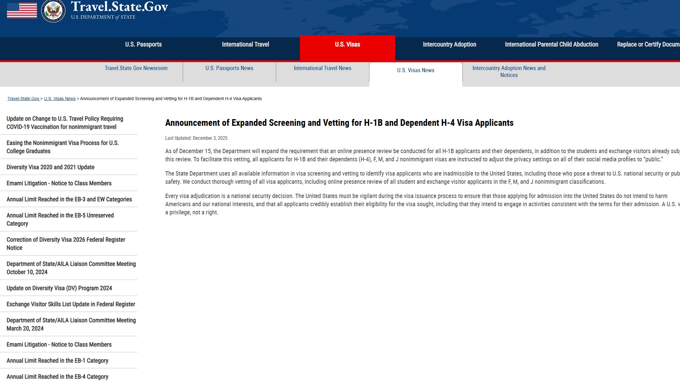 美国H-1B及H-4签证申请将需接受社交媒体审查