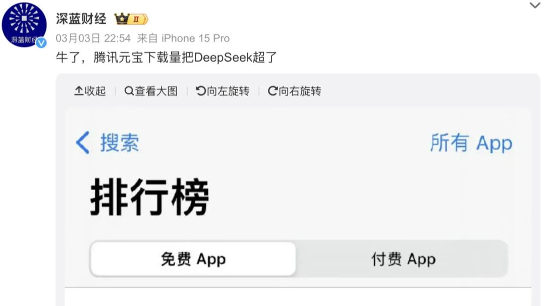 腾讯元宝下载量超DeepSeek 中国区苹果应用商店免费App下载排行榜上升至第一
