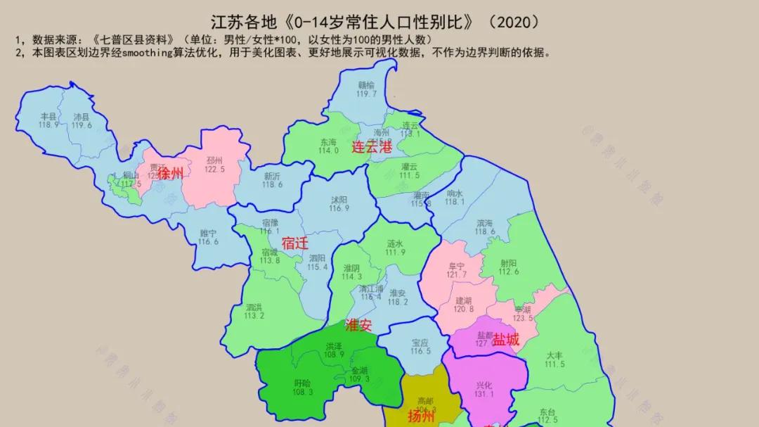 江苏各地0-14岁常住人口性别比分布：南通多地105