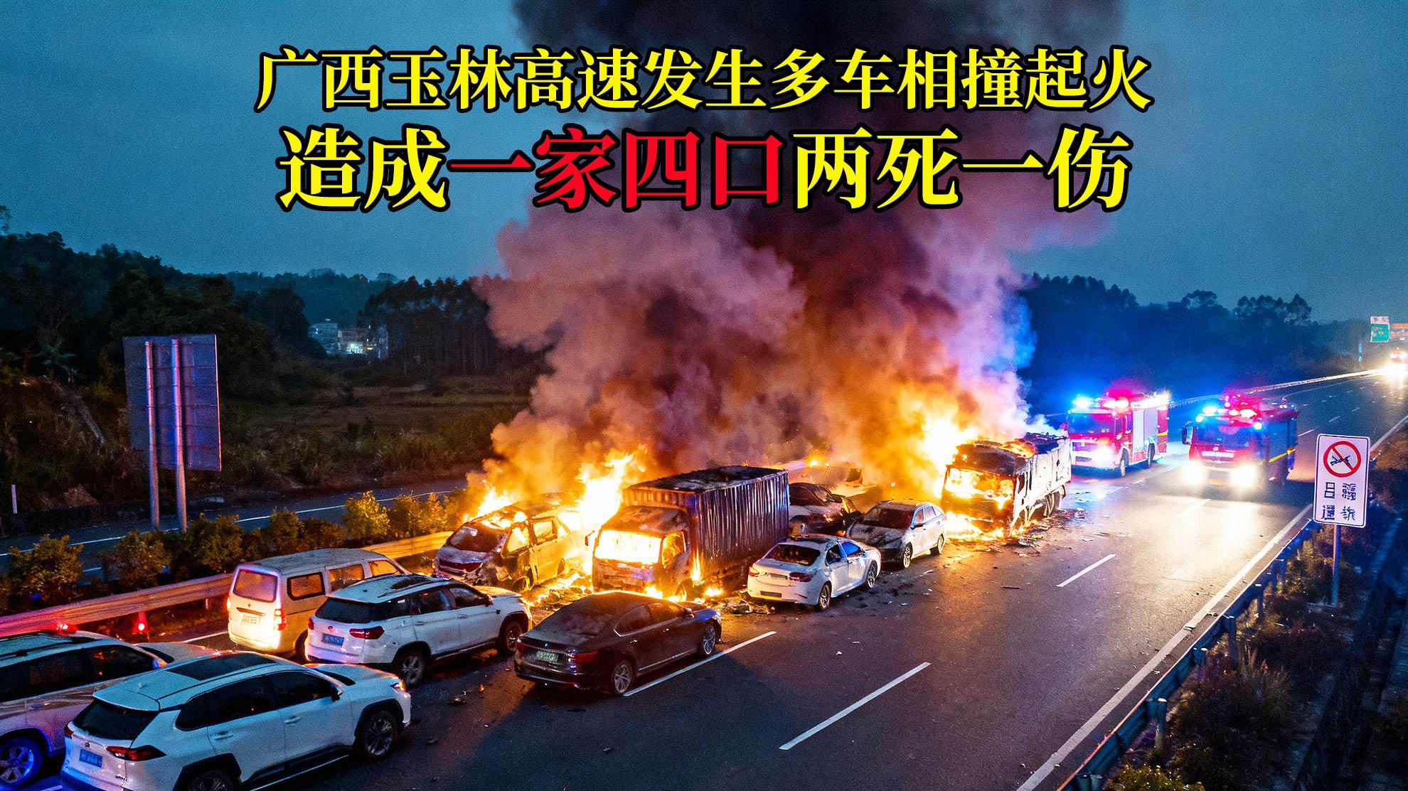广西玉林高速发生多车相撞起火事故，造成一家四口两死一伤