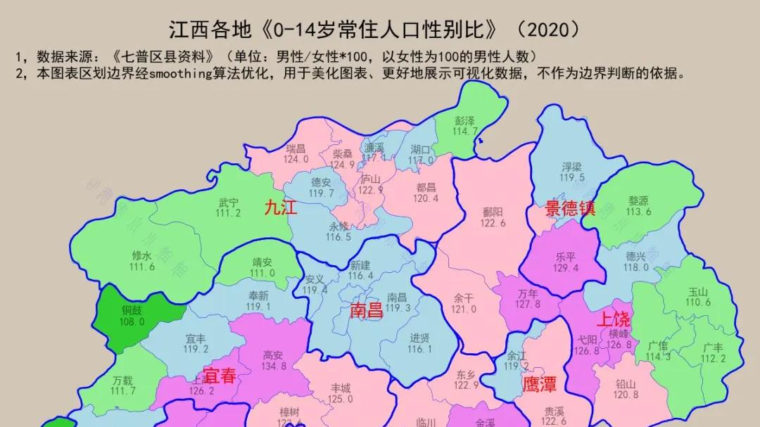 江西各区县市0-14岁常住人口性别比分布