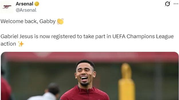 阿森纳确认道曼受伤，热苏斯加入欧冠A名单！枪手或轮换部分主力