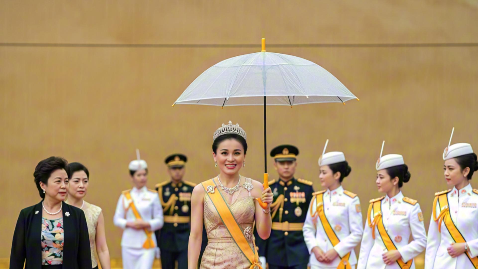 泰国王室等级森严，苏提达有华盖遮风挡雨，小妾们却只能淋雨