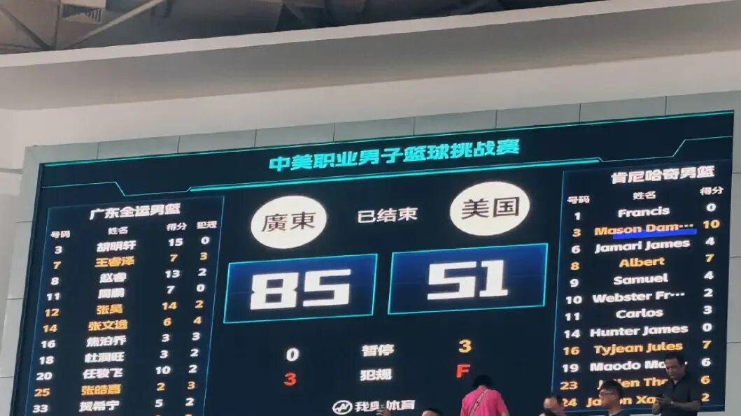 广东队大胜美国队，胡明轩15分，张昊14分，赵睿13分