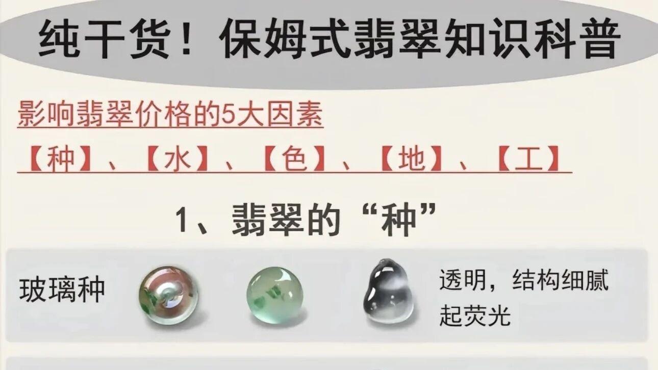 中亦纯干货！保姆式翡翠知识科普影响翡翠价格的5大因素【种】、【水】、【色】、【地】、【工】。