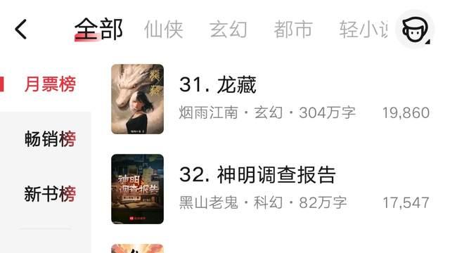 10月起点双倍活动结束后月票榜排名：夜无疆第六，诡秘之主第17名
