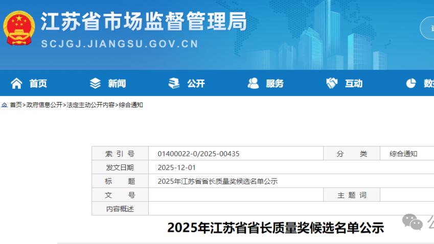 江苏省省长质量奖候选名单公示