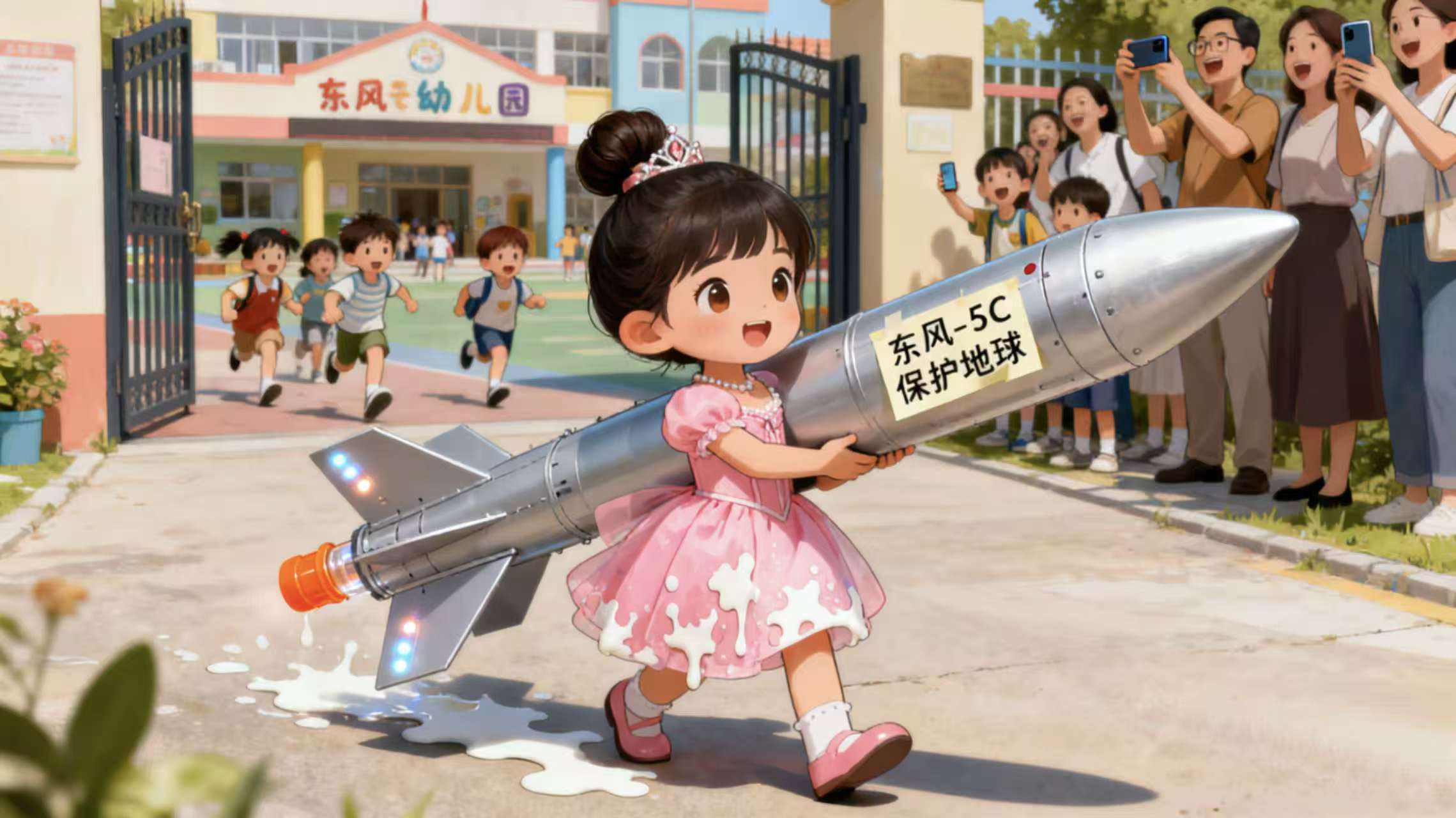 幼儿园门口惊现“东风-5C”！穿公主裙的小孩姐扛着导弹模型入园