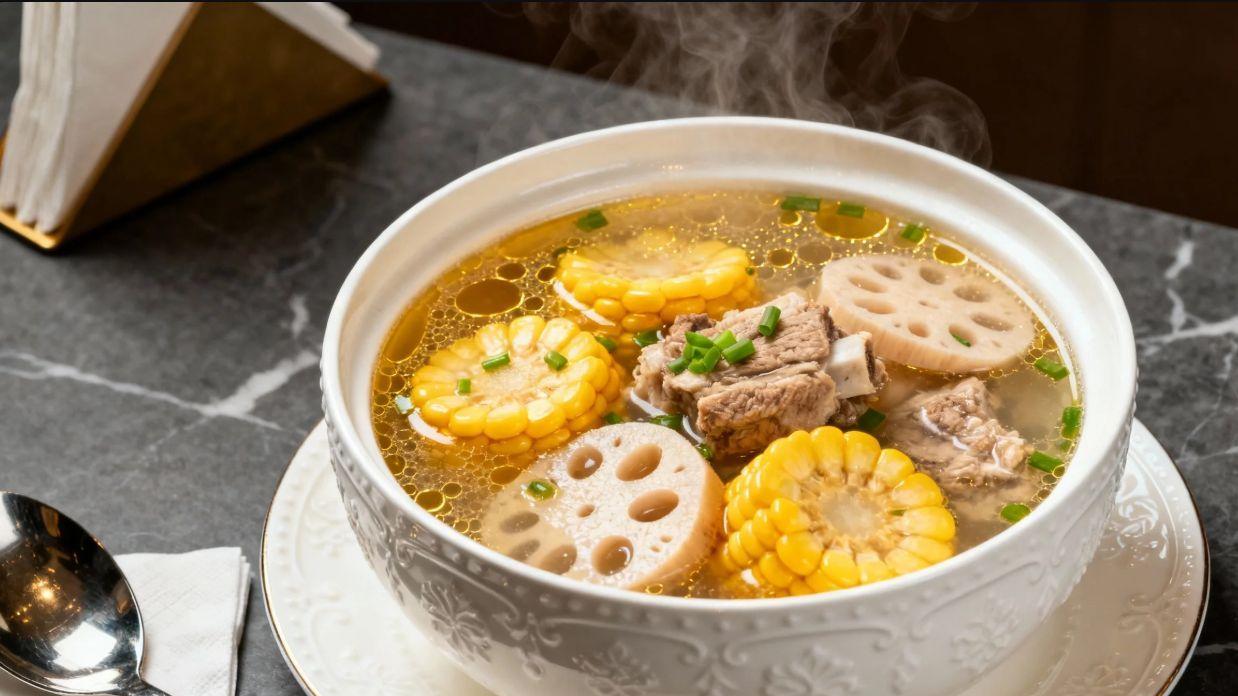 国宴级玉米莲藕排骨汤：一碗清澈见底的温柔