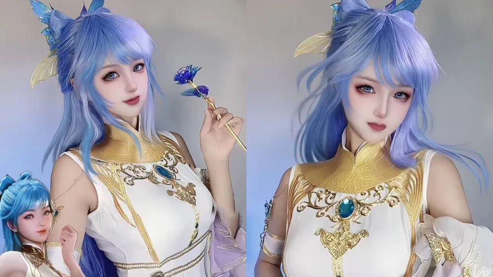 唐舞桐永劫无间联动cos，蓝白jk制服，粉蓝长发绝美，衣服建模比动漫还美！