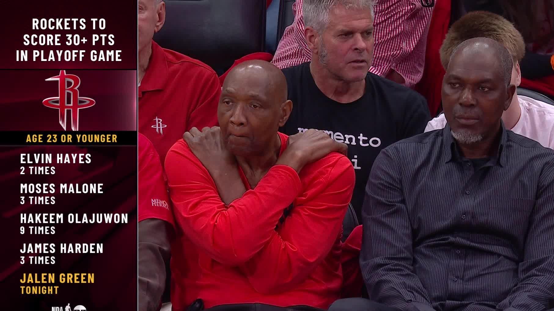 火箭队史23岁及以下单场季后赛30+得分排行：格林上榜，奥拉朱旺9次