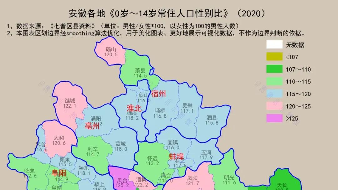 安徽各区县市0-14岁性别比分布：多地超120