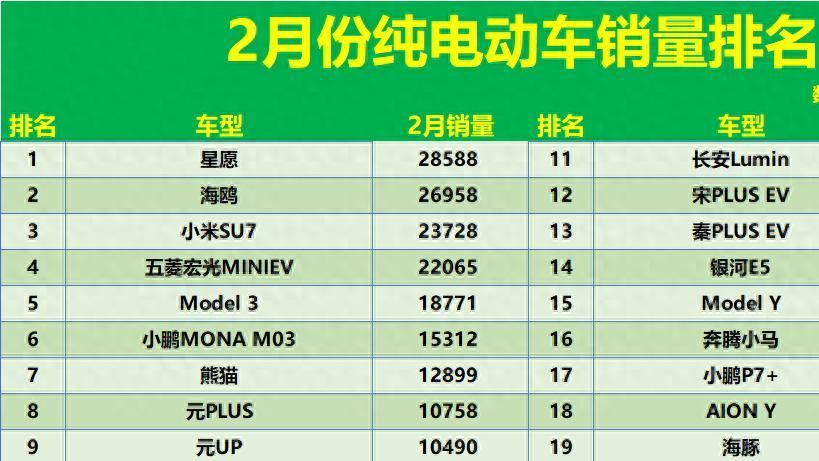 怎一个惨字了得！2月纯电车销量榜：仅10款破万，Model Y滑至第15
