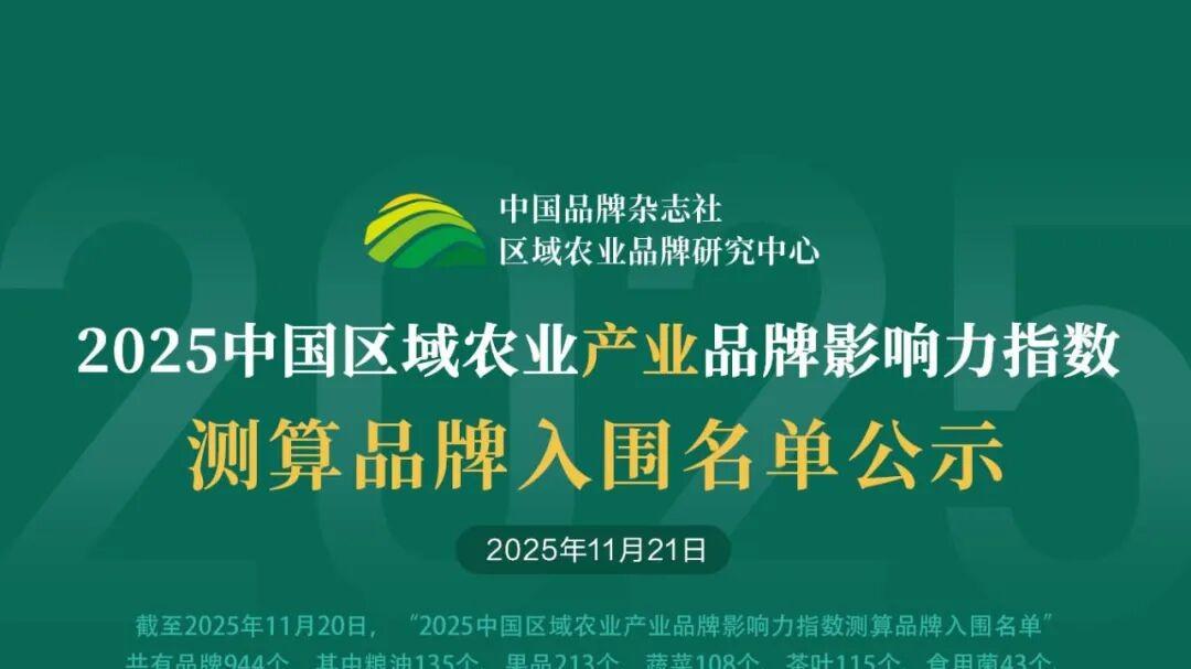 2025中国区域农业产业品牌影响力指数测算品牌入围名单公示