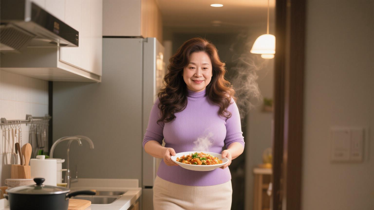 温馨家居生活，阿姨端着美味佳肴，笑意盈盈