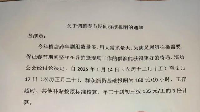 横店群演春节期间薪资上涨基础报酬增至160元/10小时