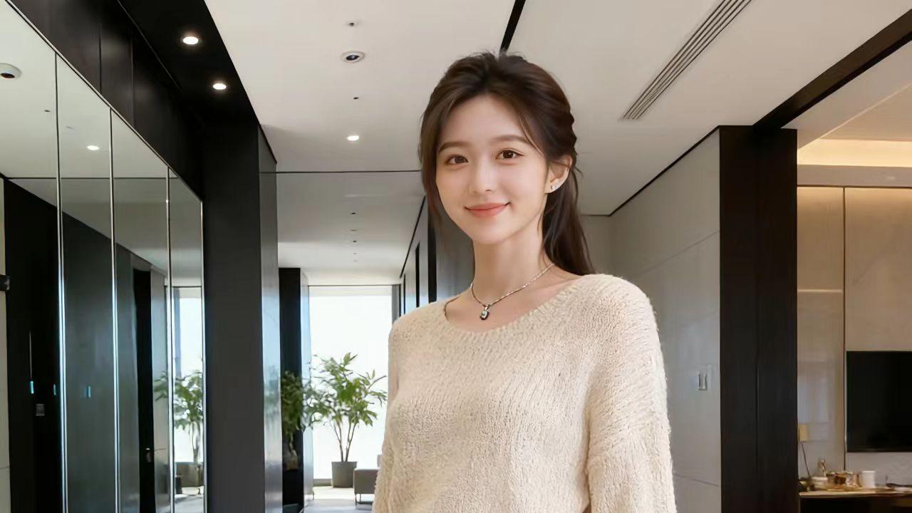 温柔甜美风，米白色针织毛衣搭配粉色裙子，温柔贤淑。