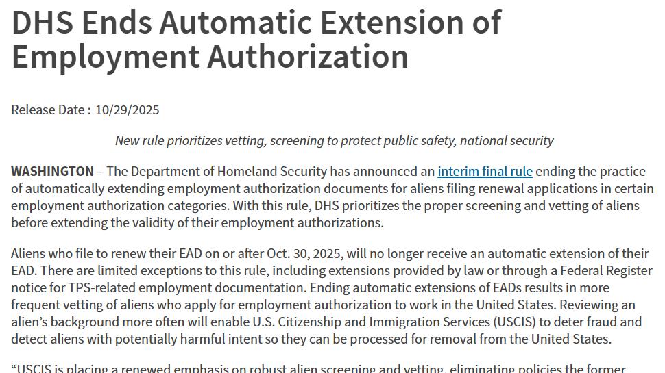 DHS重磅新规：工卡自动延期成历史，数十万移民受影响