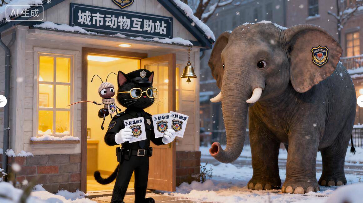 雪夜暖遇：墩墩、米粒与黑猫警长的家