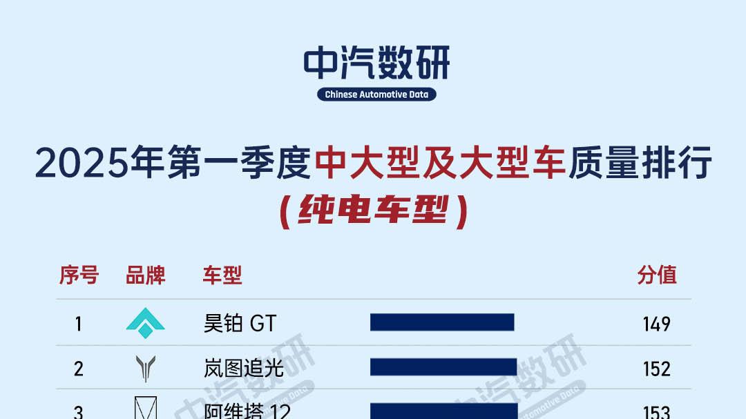 2025年一季度新能源汽车质量排行榜