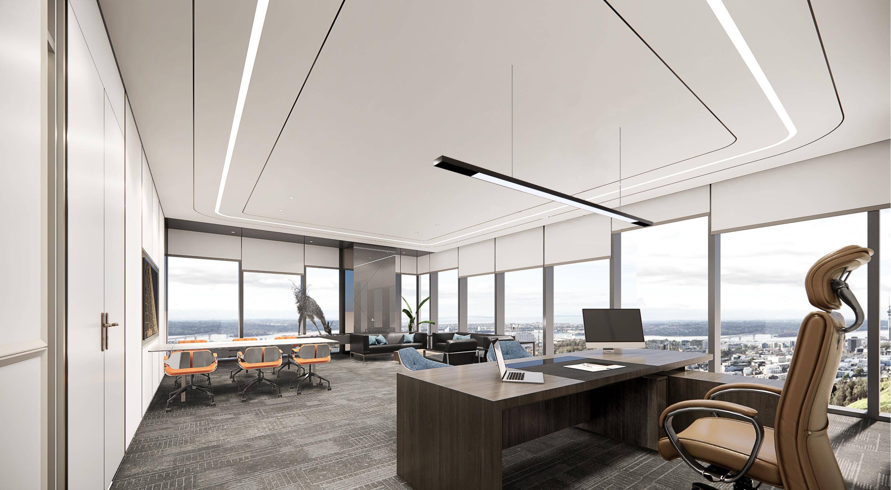 悬浮弧形吊顶×线型光带：重构办公空间的光影叙事逻辑