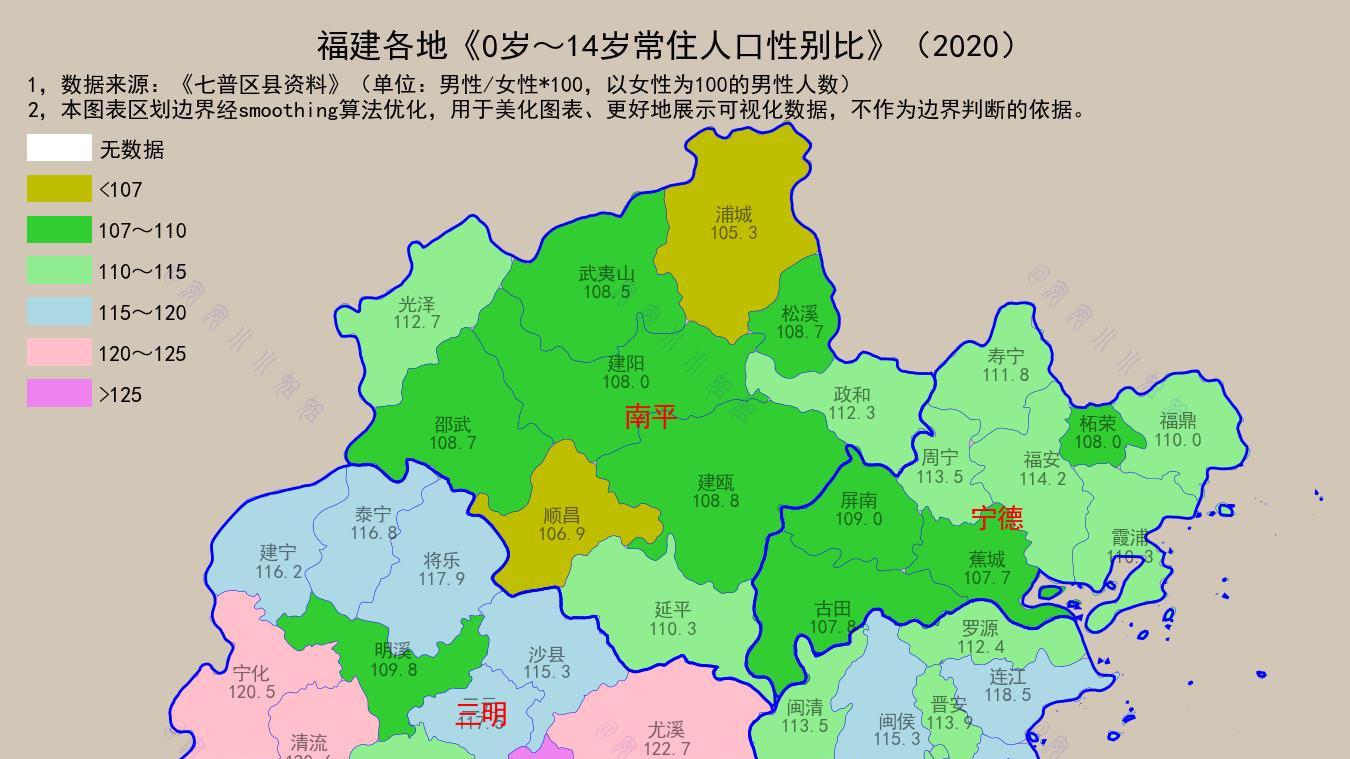 福建各区县市0-14岁常住人口性别比：这地超130