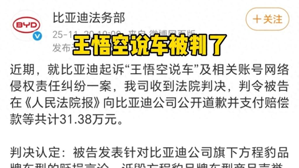 王悟空案虽胜犹败，31万就能诋毁比亚迪半年，幕后细节触目惊心