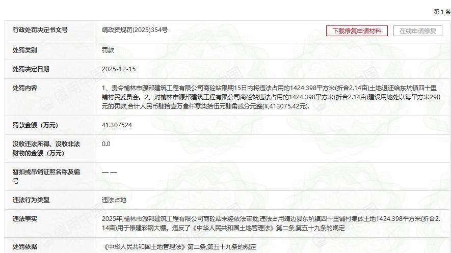 未批先建违法占地 榆林源邦建筑被罚超41万元并限期退地