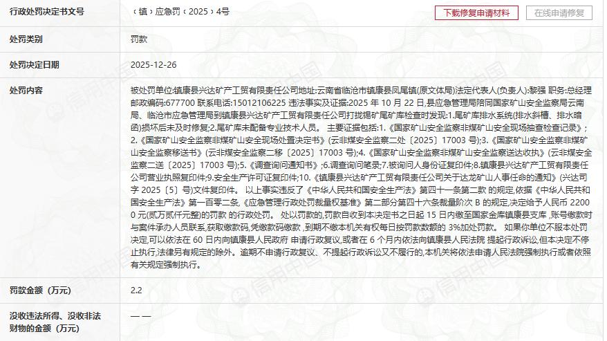 尾矿库存双重安全隐患 镇康兴达矿产公司收2.2万元罚单