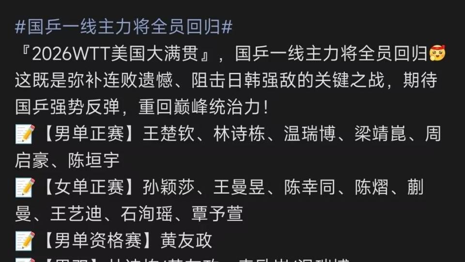 国乒新生代“惨败”，一线主力王楚钦、孙颖莎、王曼昱回归，WTT美国大满贯6月26日举行，总奖金155
