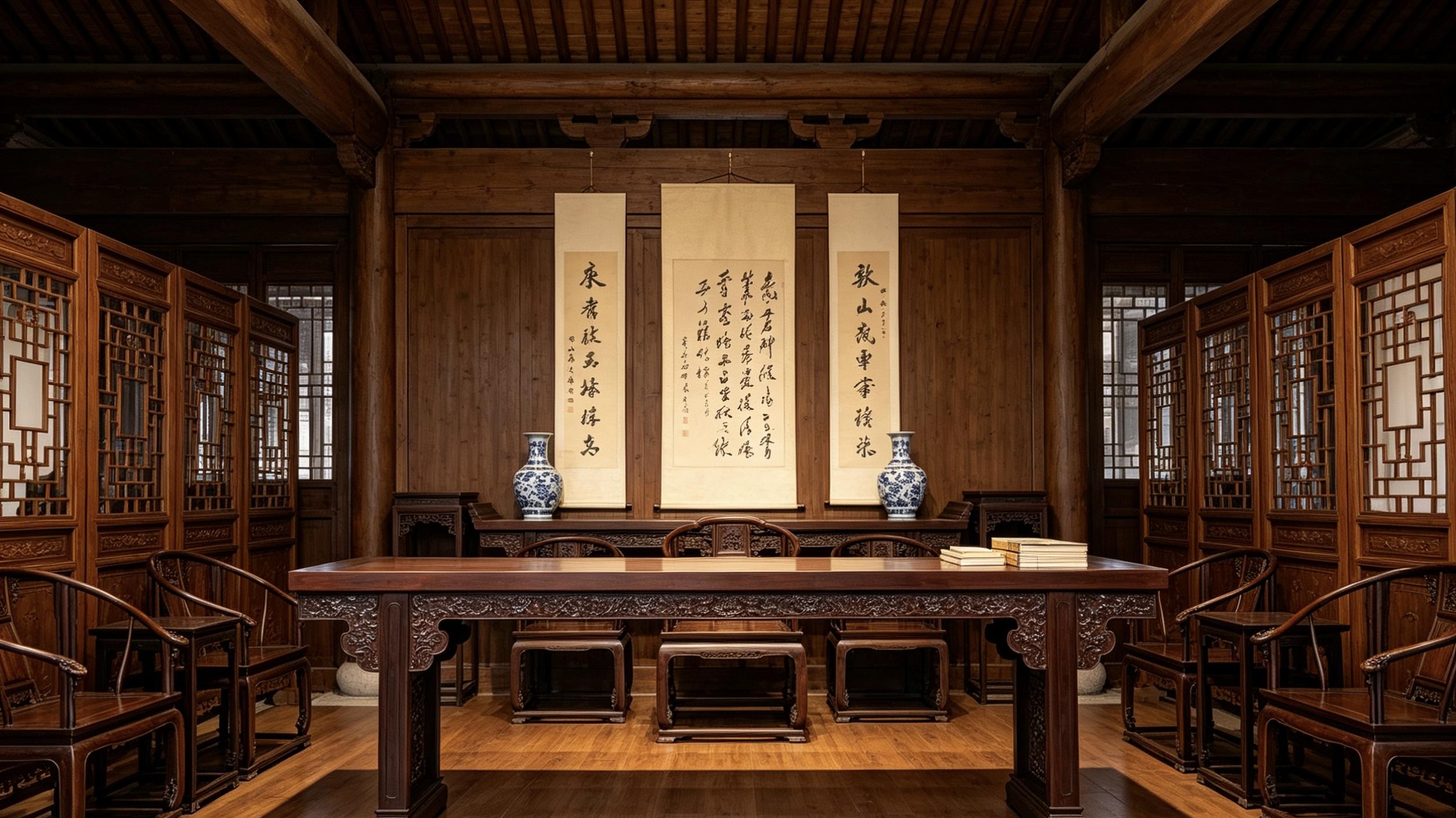 厅堂威仪陈设，大红酸枝，西番莲纹条案