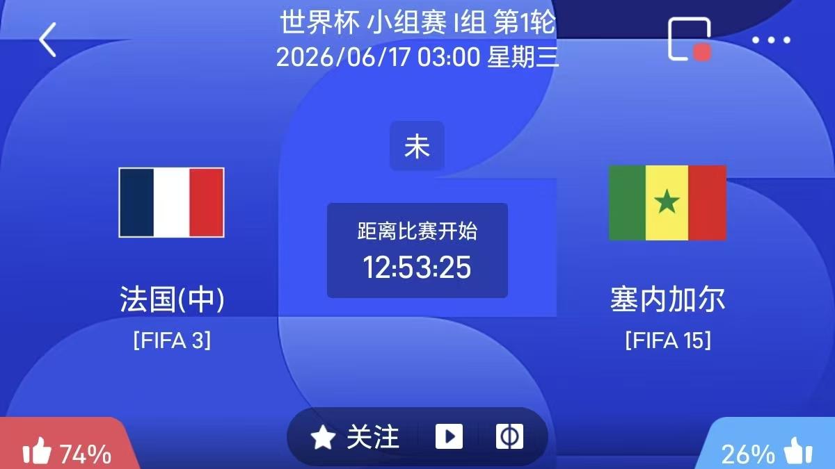 6月16日   死亡之组揭幕重炮对决，姆巴佩领衔法国迎战非洲冠军。