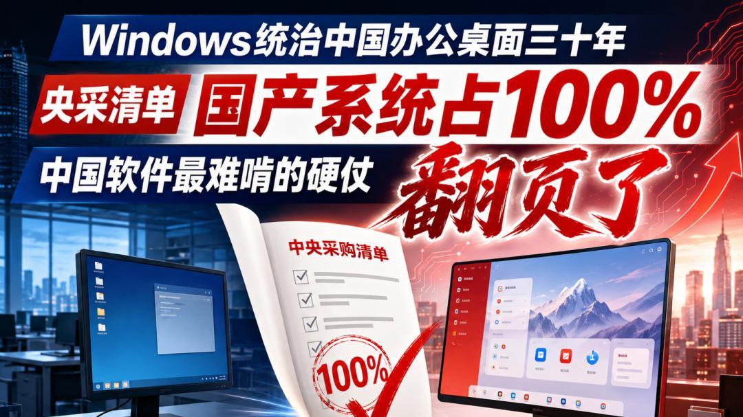 Windows统治中国办公桌面三十年，这次央采清单上国产系统占了100%：中国软件最难啃的硬仗翻页了
