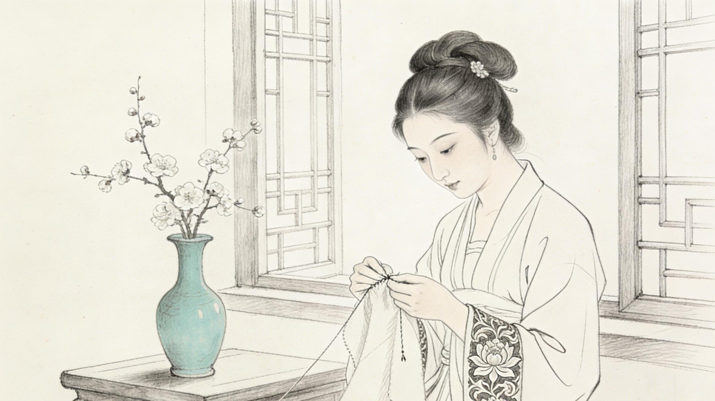 素笔描青黛，线藏风骨韵，一帧仕女凝千年古雅清欢意