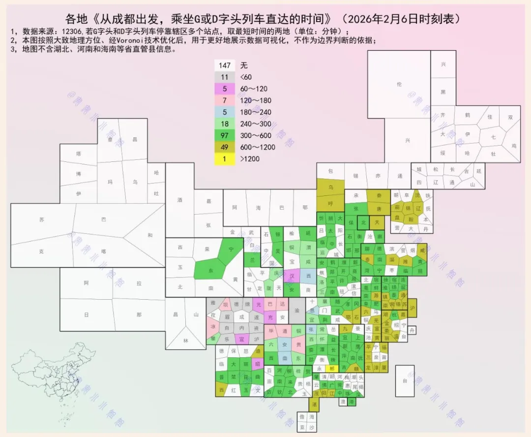 从成都出发，乘坐G或D字头列车，直达各地需要多长时间