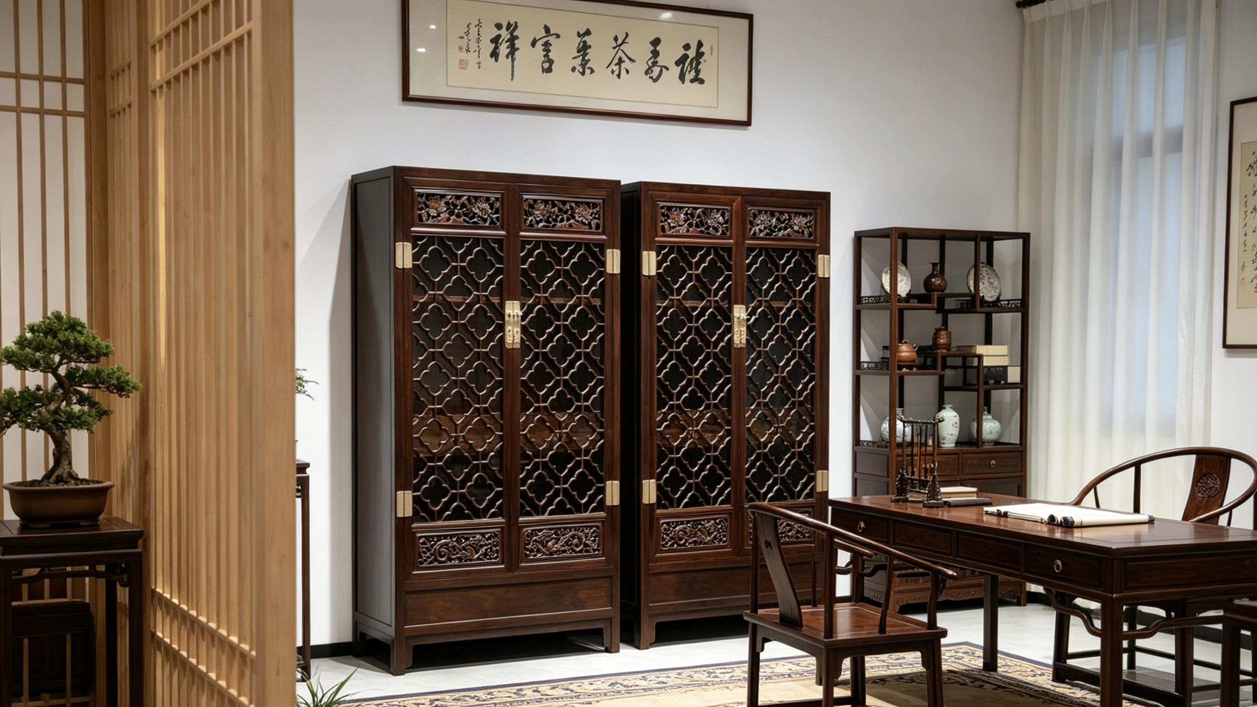 精工重器，大红酸枝，四簇云纹透格门柜一对