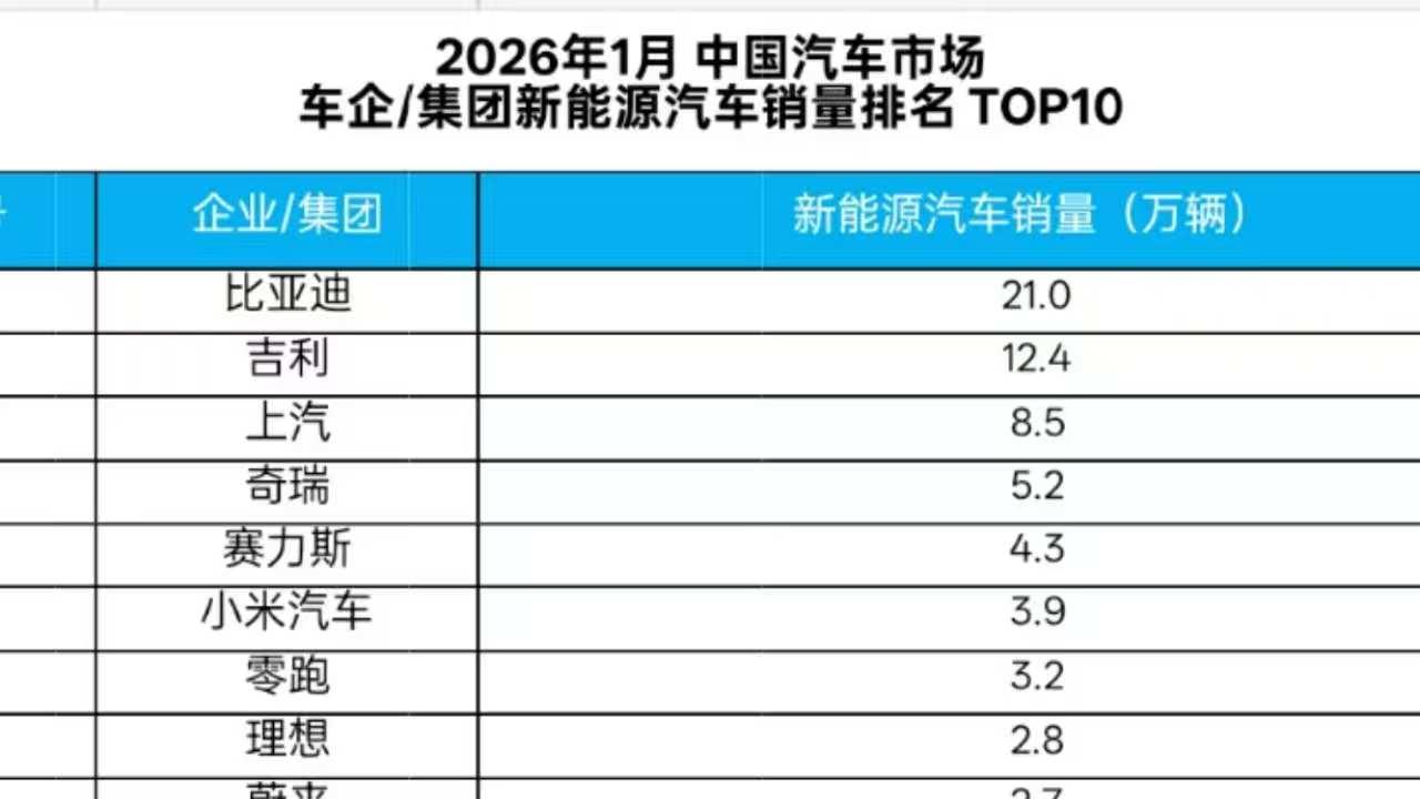 比亚迪稳夺1月新能源汽车销冠，头部格局进一步分化