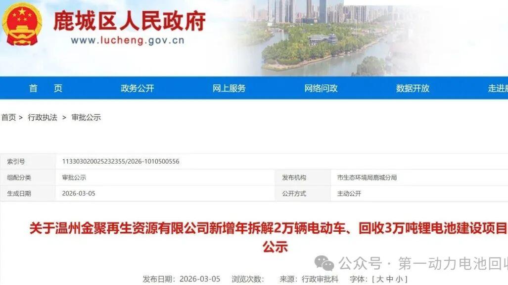 浙江温州回收3万吨锂电池建设项目落地