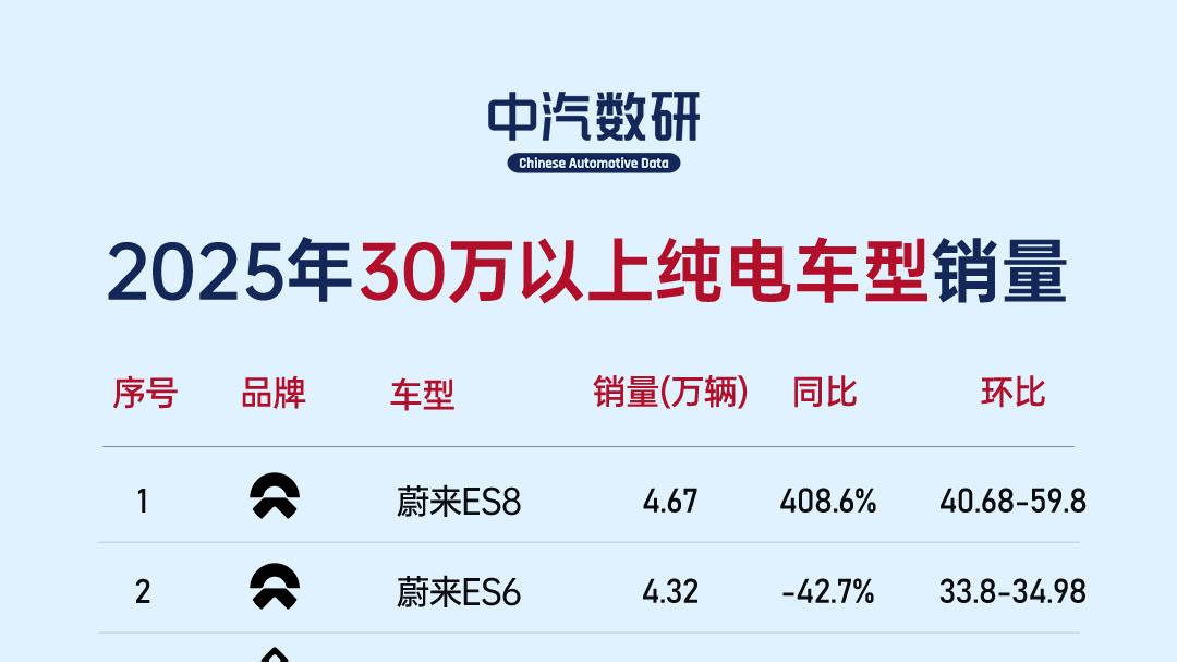 2025年30万元以上纯电动汽车销量榜
