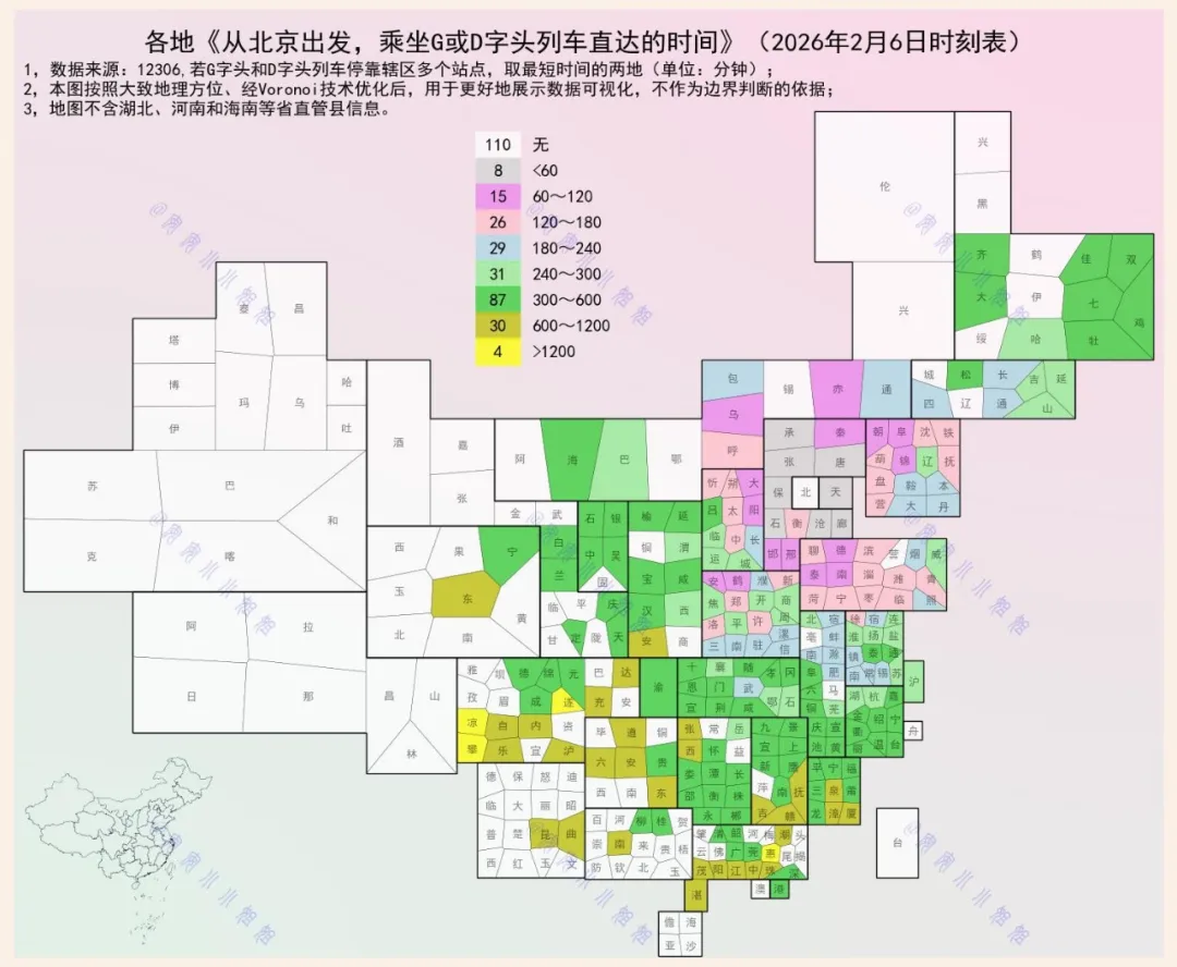 从北京出发，乘坐G或D字头列车，直达各地需要多长时间
