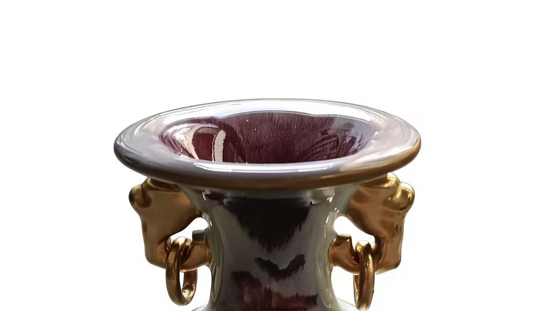 1036-钧瓷窑变镶金嵌宝双耳瓶：41 公分里的 “价值金字塔”—— 天工为基、手艺为脊、美学为顶