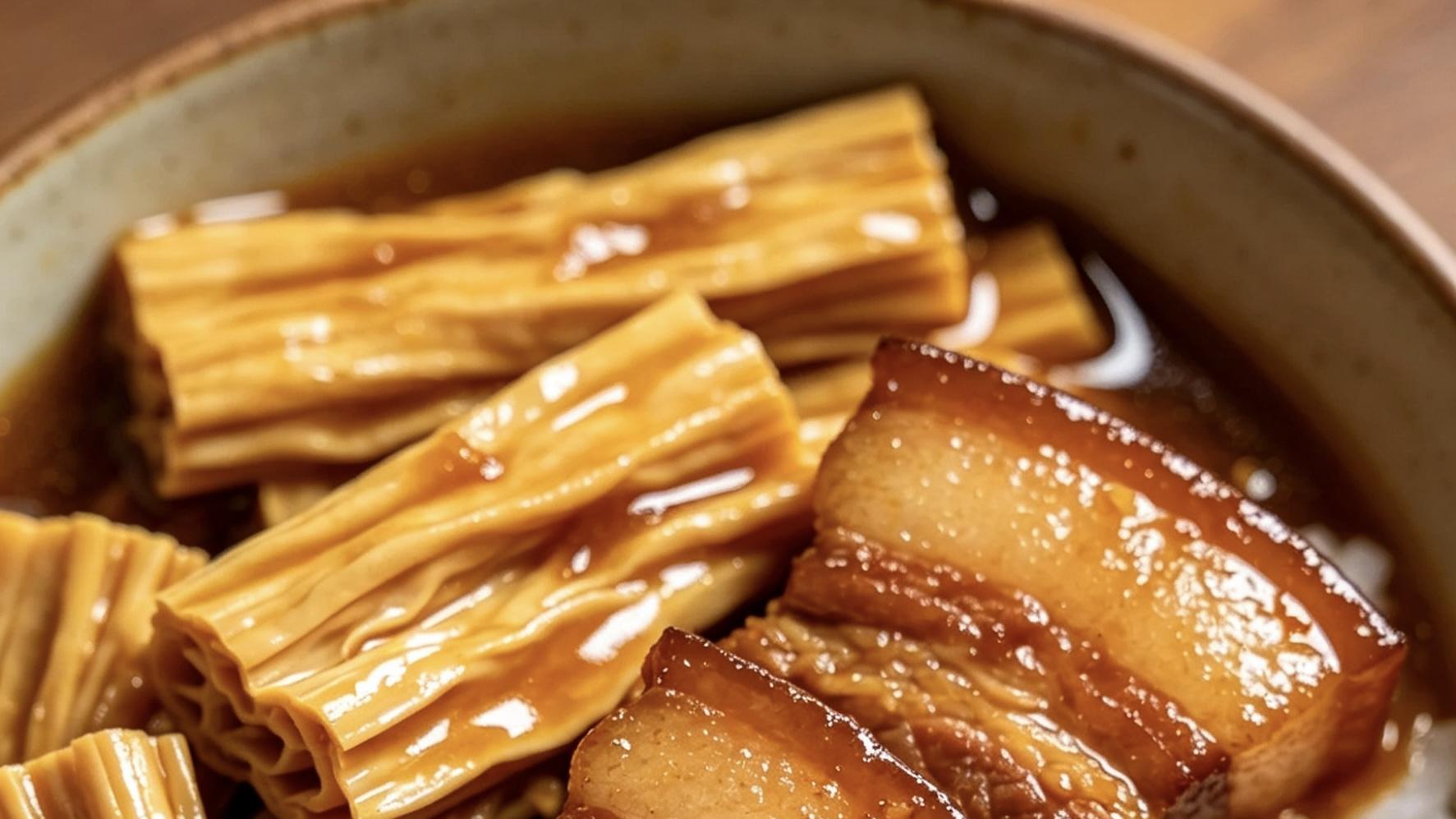 家常硬菜腐竹烧五花肉，肥而不腻超入味，米饭杀手