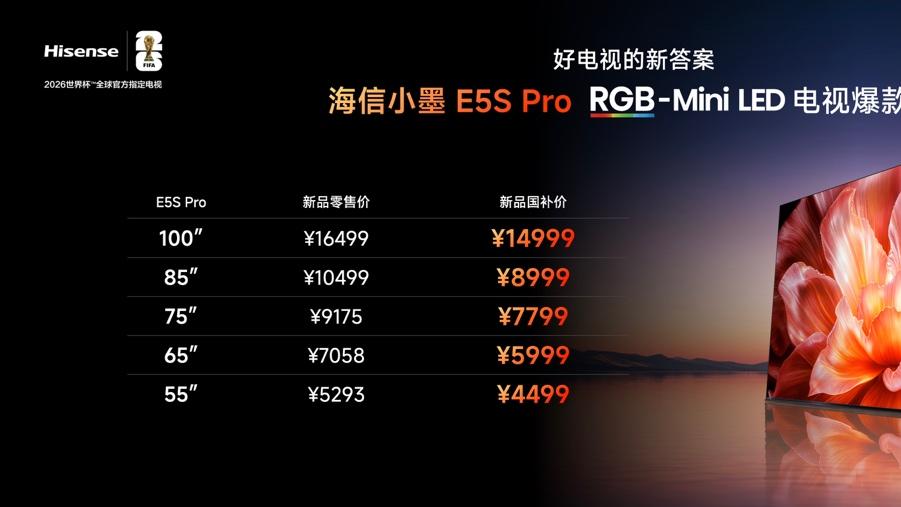 海信小墨 E5S 系列发布：Mini LED  180Hz 高刷，国补 3999 元起