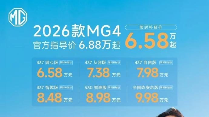 2026款MG4“卷”出新高度：6.58万起，半固态电池下放10万级