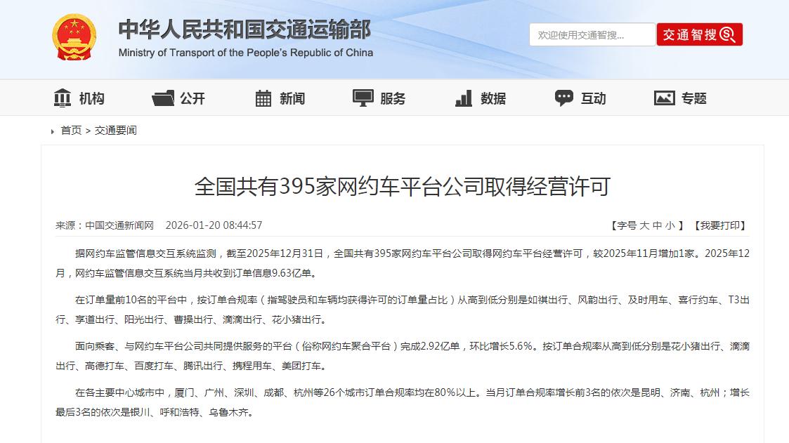 全国 395 家网约车平台运营！12 月订单量环比增长，聚合平台成主力