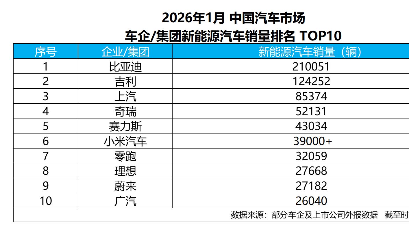 从1月榜单看车市格局，比亚迪领衔新能源车企