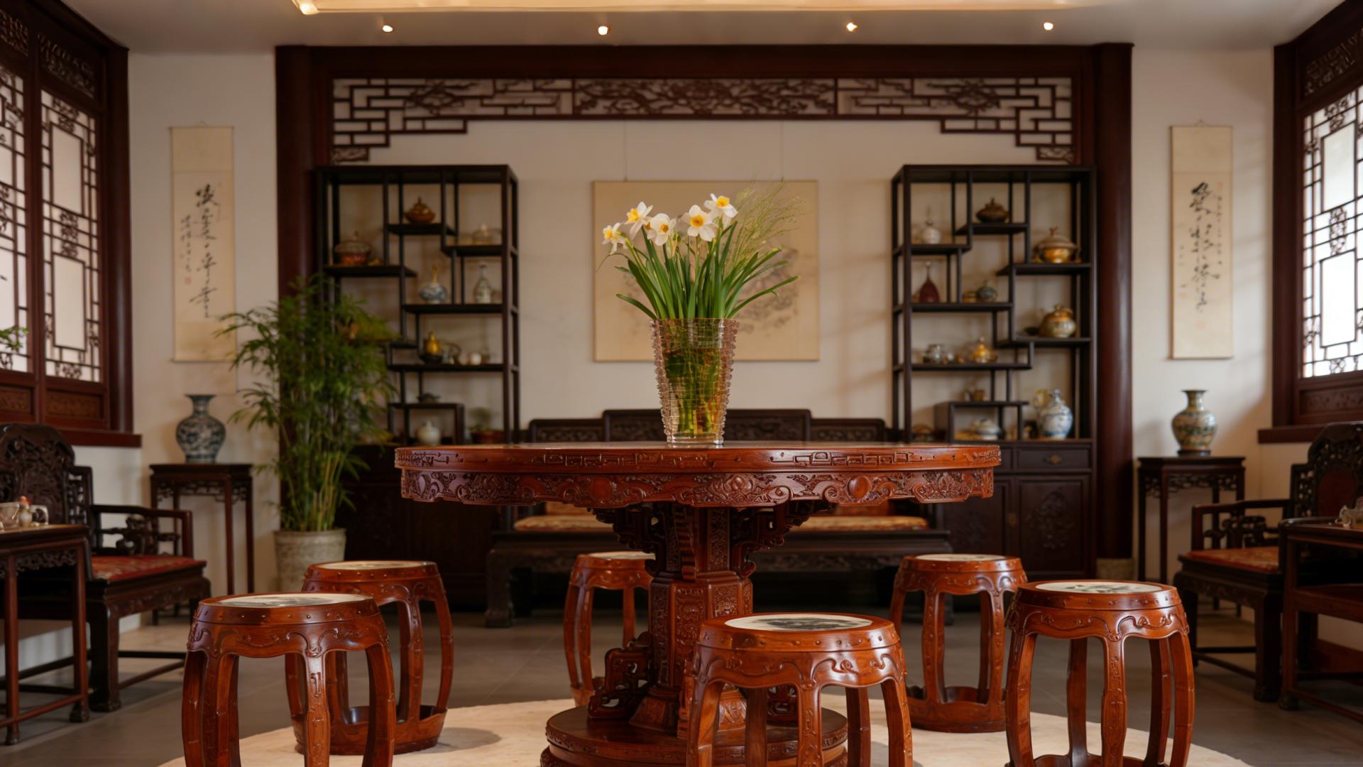 圆融藏吉，缅甸花梨木，福寿如意纹圆桌