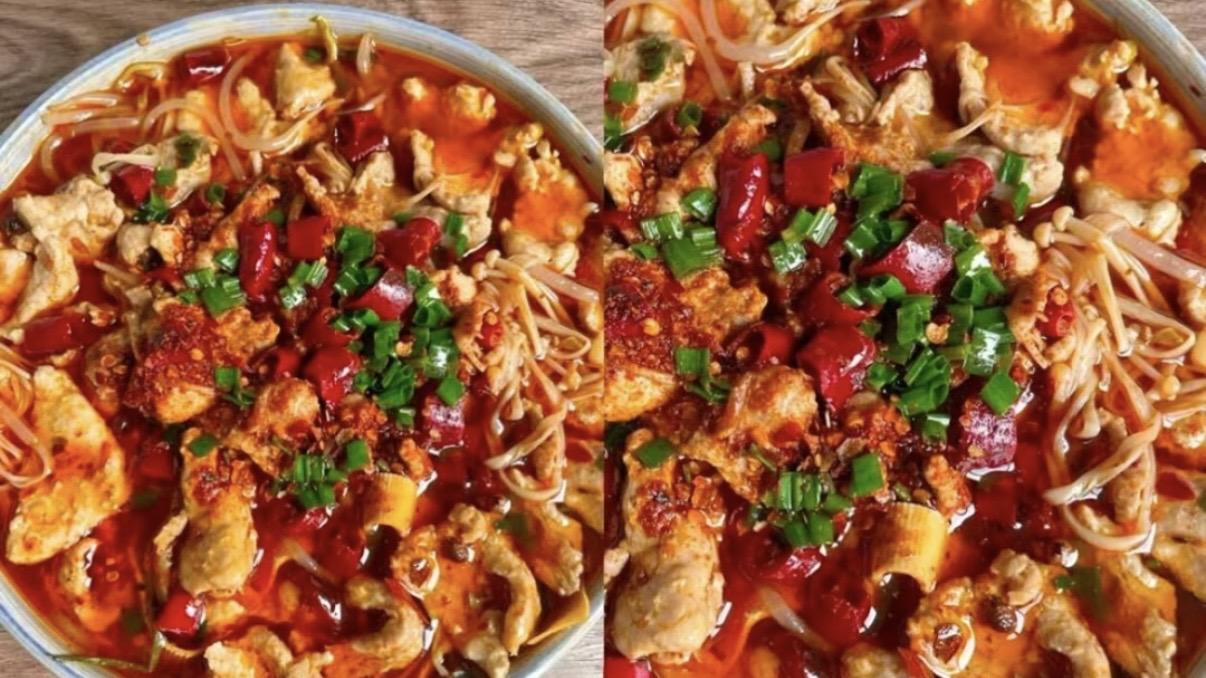 水煮肉片麻辣过瘾，肉片嫩滑腌制有方