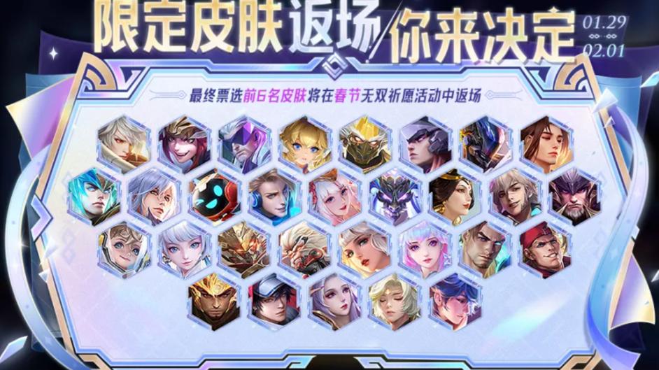 王者荣耀1月29日全服重磅更新，30款限定皮肤返场投票开启，春节前多重福利来袭！